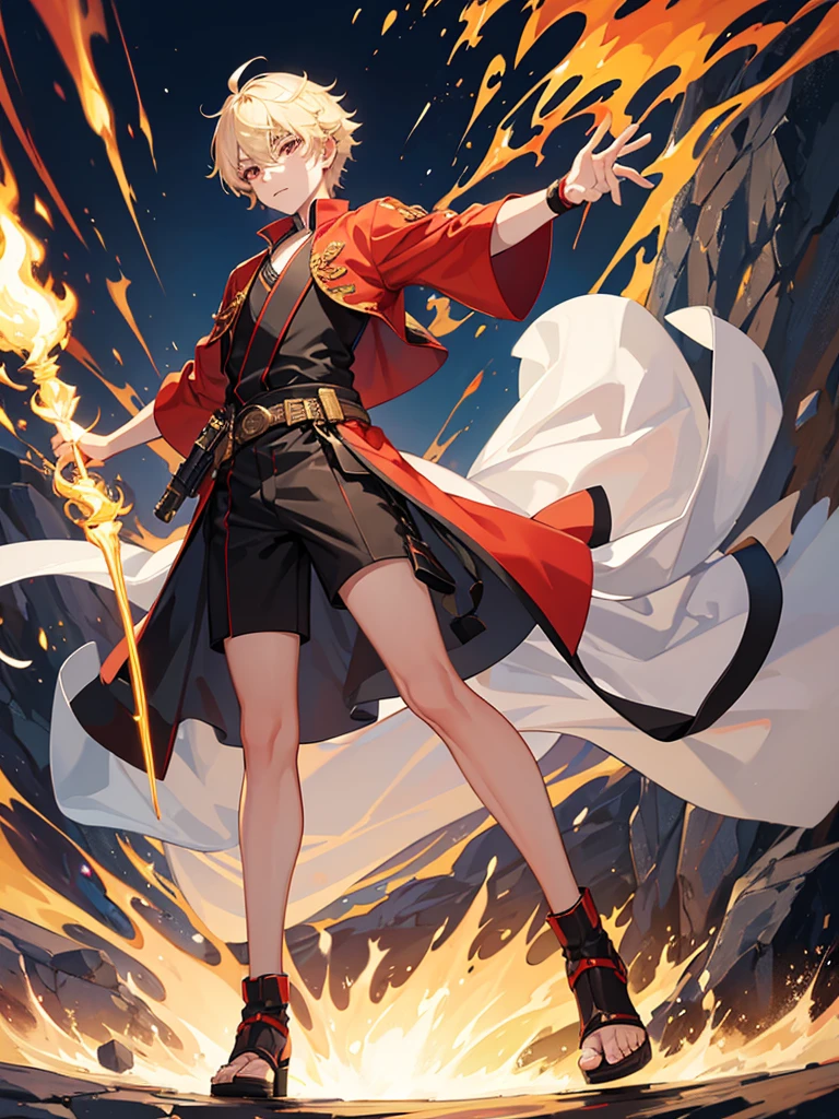 a young boy, childlike appearance, blond, with vibrant red eyes, he's low, a neutral expression, kinda lazy, wearing exotic clothes, having a gaucho style, kind of anime, being clothes a little bigger for his size. He also has a type of weapon that resembles a barbecue skewer., but you can be creative with this weapon, he also has firepower