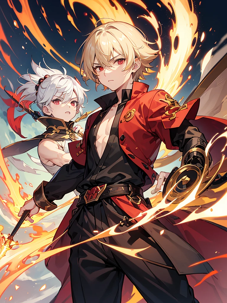 a young boy, childlike appearance, blond, with vibrant red eyes, he's low, a neutral expression, kinda lazy, wearing exotic clothes, having a gaucho style, kind of anime, being clothes a little bigger for his size. He also has a type of weapon that resembles a barbecue skewer., but you can be creative with this weapon, he also has firepower