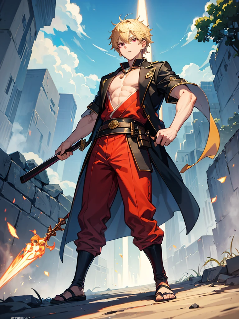 a young boy, like appearance, blond, with vibrant red eyes, he's low, a neutral expression, kinda lazy, wearing exotic clothes, having a gaucho style, kind of anime, being clothes a little bigger for his size. He also has a type of weapon that resembles a barbecue skewer., but you can be creative with this weapon, he also has firepower