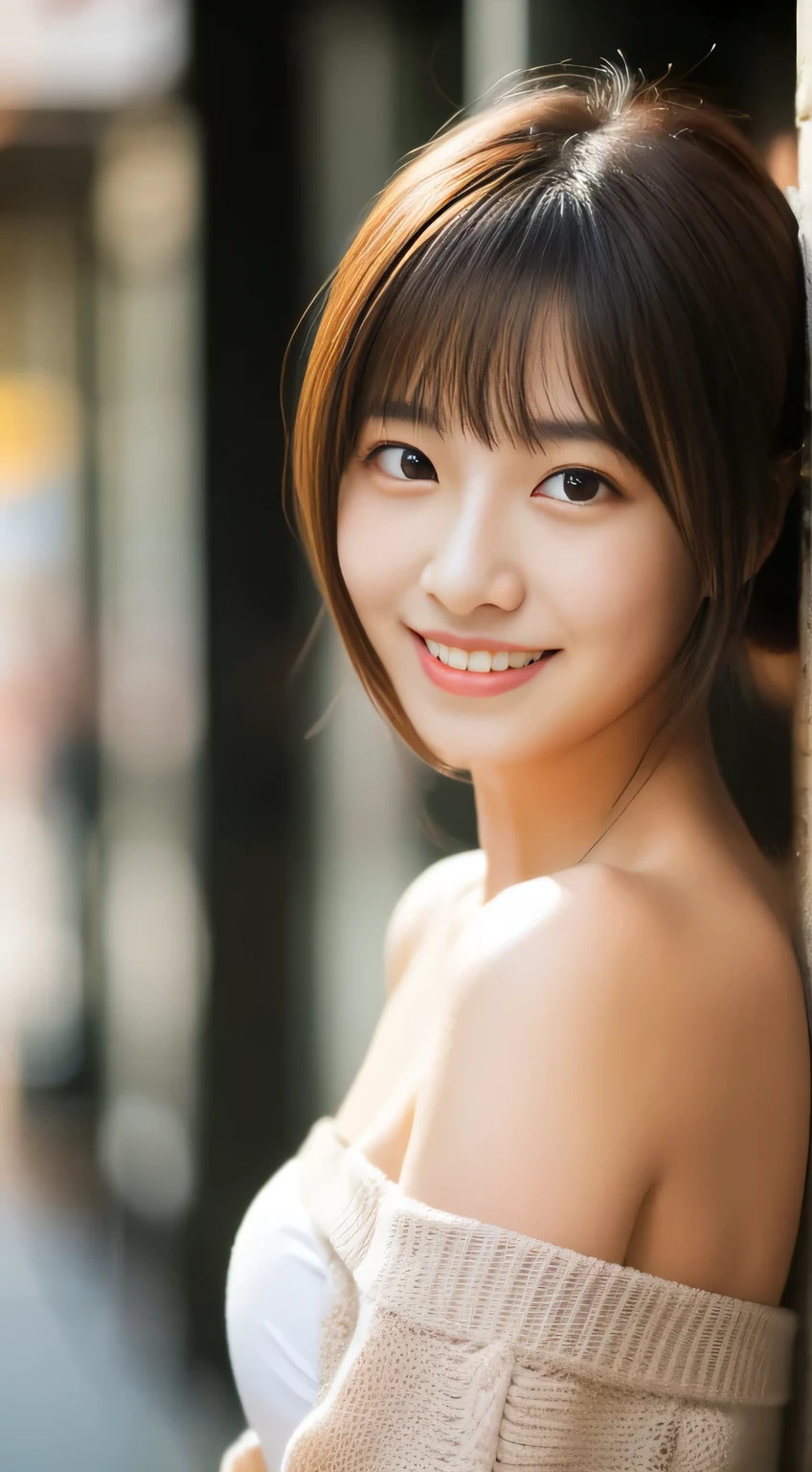 masterpiece, 8k, photorealistic, optimal ratio, detailed face, ((audience monitoring)), red lipstick, realistic, well-shaped bust, slender body, Photo with upper body facing forward, Detailed and beautiful hair, fine skin, RAW color art, diffused soft lighting, sharp focus, cinematic lighting、smile、bra bride、18-year-old、beauty of japan、short hairstyles