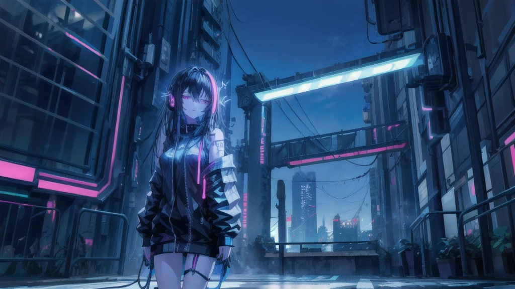 A beautiful detailed girl with long black hair, neon cyberpunk city at night, cyberpunk edgerunners style, 4k high resolution, RGB lighting, wearing a futuristic headset