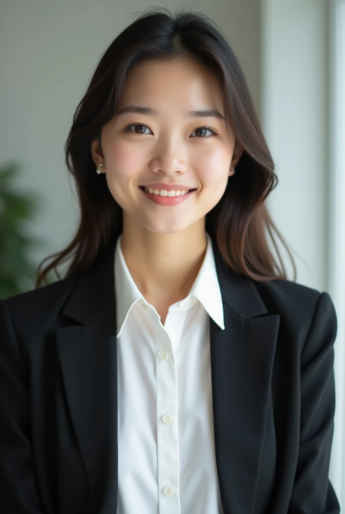 21 years old girl with round face and fair skin tone wearing formals for linkedin 