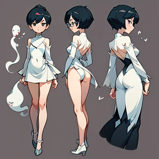 Ghost  girl with a thin, sharp face with a flat nose, small eyes and asian features with glasses and short hair

Thin tomboy body type, with small chest, large hips and elegant thin arms and large legs with pronounced thighs 

Dressed in transparent 60s dresses

(((character sheet))) ((various views)) ((front and back) (Face detail) (full body)