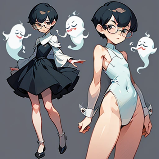 Ghost girl with a thin, sharp face with a flat nose, small eyes and asian features with glasses and Long blonde curly hair
Thin tomboy body type, with small chest, large hips and elegant thin arms and large legs with pronounced thighs
Pink
Dressed in transparent pin up erotic Lingerie
(((character sheet))) ((various views)) ((front and back) (Face detail) (full body)