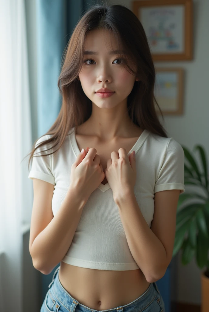 A small-breasted high school girl is lifting up her breasts