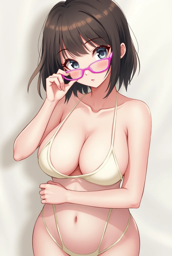 high school girl、Wearing glasses。Short stature、Hair length is bob。I want you to draw me completely naked。And a little more grown-up。The glasses are pink。Pose to show off。Let&#39;s have big boobs