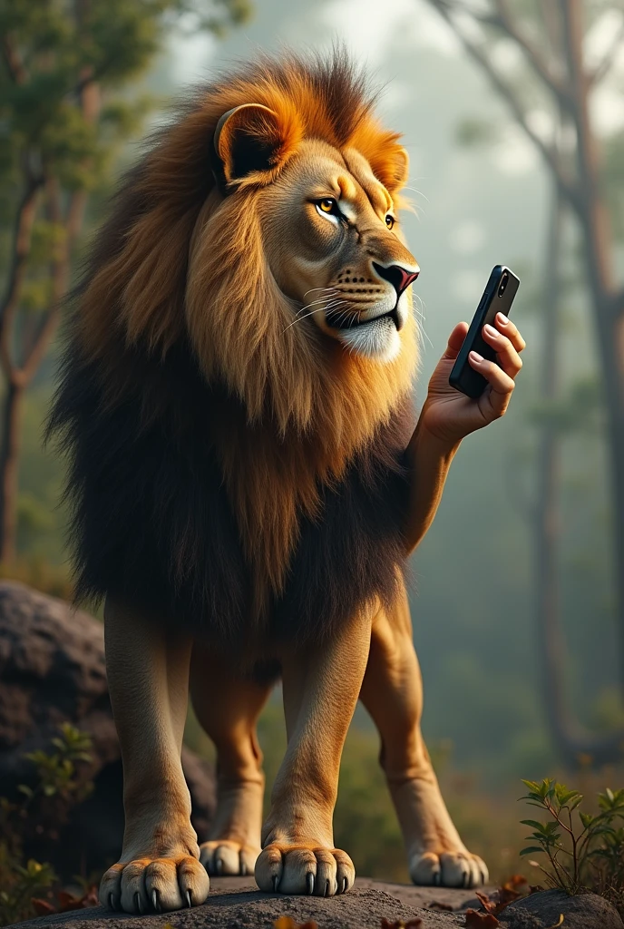 Lion with cell phone on ear

