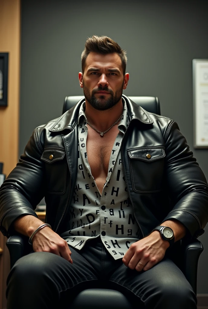 Big giant body builder men wearing black leather jacket on unbuttoned grey shirt with alphabet prints on chair in office