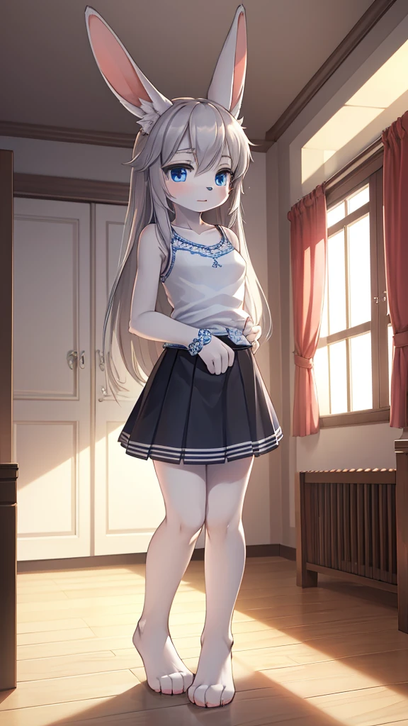 (masterpiece, Highest quality), Intricate details, 8k, White Rabbit, Slim figure, room, Gray Hair, furry, blue eyes, 10th Generation, Short stature, ((1 person)) , (((female))), White camisole, Expressionless, Long Hair, skirt