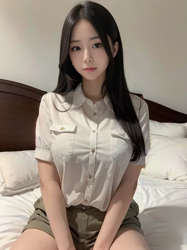 (Highest quality, 8K, masterpiece ), A 12-year-old junior high school student with a young face、 The eyes are large and clear、Black Hair、Wearing a beige mask:1.3、White Button Down Shirt、Glamour thighs:1.2、, Highly detailed face, double eyelid, Strong natural light、whole body、Sexy thighs:1.2、Side angle,Diagonal horizontal angle:1.2、Black Mini Skirt、On the bed、Rectangular frame glasses