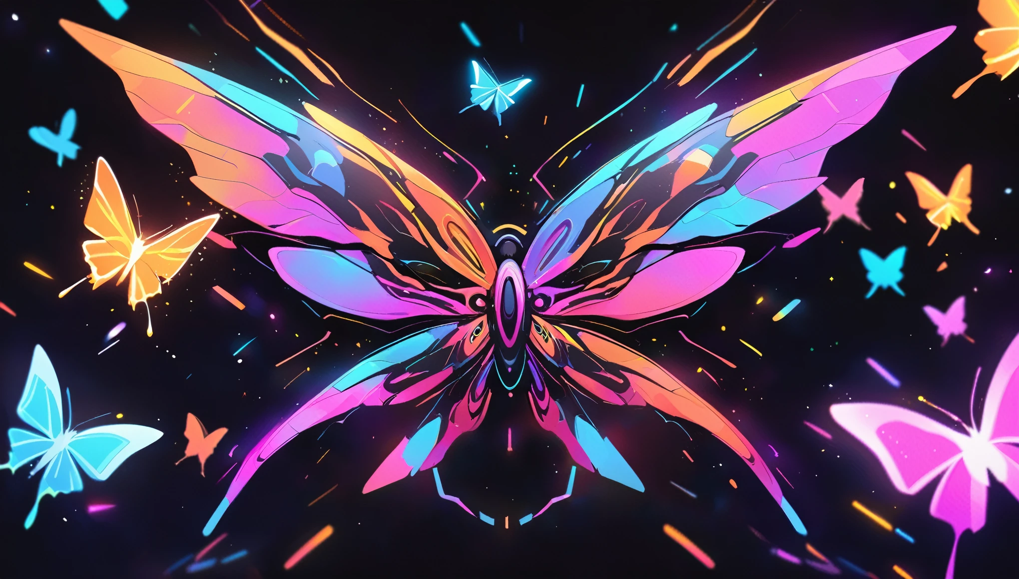Bright colored lights shining brightly on a black background, Digital Art inspired by Petros Afshar, Unsplash, Digital Art, Neon Wings, Butterfly Lighting, Stylized Neon, Beep colors, Beep style, Neon particles, Beep artwork, flying particles, Beep!!, Glowing Butterfly, style hybrid mix of Beep, Beep |