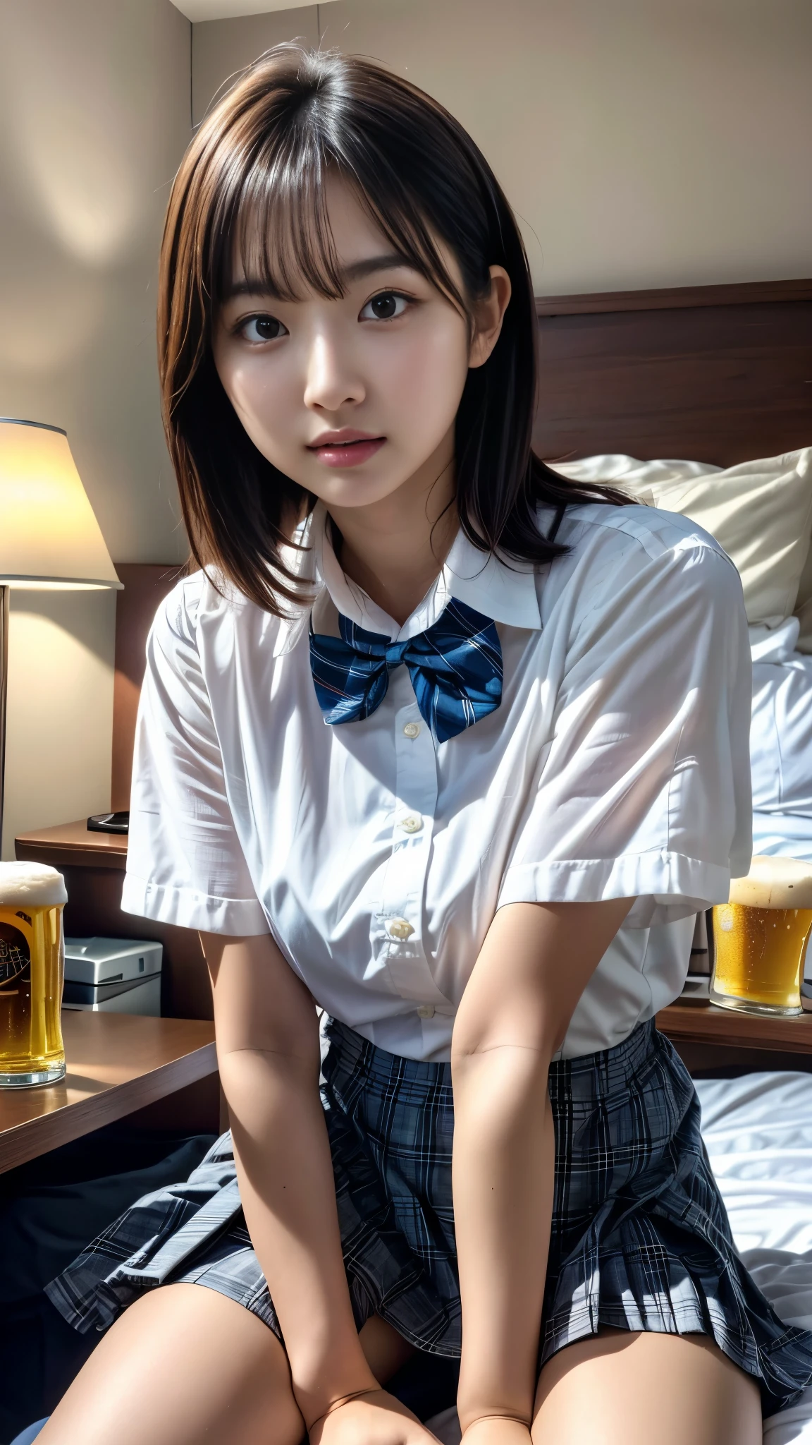 (masterpiece, best quality:1.2), (realistic,photo-realistic:1.4), RAW photo, highres, extremely detailed, intricate details, upper body, from below), solo, 1girl, a 19 years old Korean female, (white shirt, short sleeves, bowtie, plaid miniskirt, pleated skirt, bare legs, thighs, socks, loafers, school uniform:1.2), dark hair, short bob hair, cute face, detailed face, detailed eyes, sophisticated nose, fine-textured skin, pale skin, (motel room:1.5), (beer:1.3)