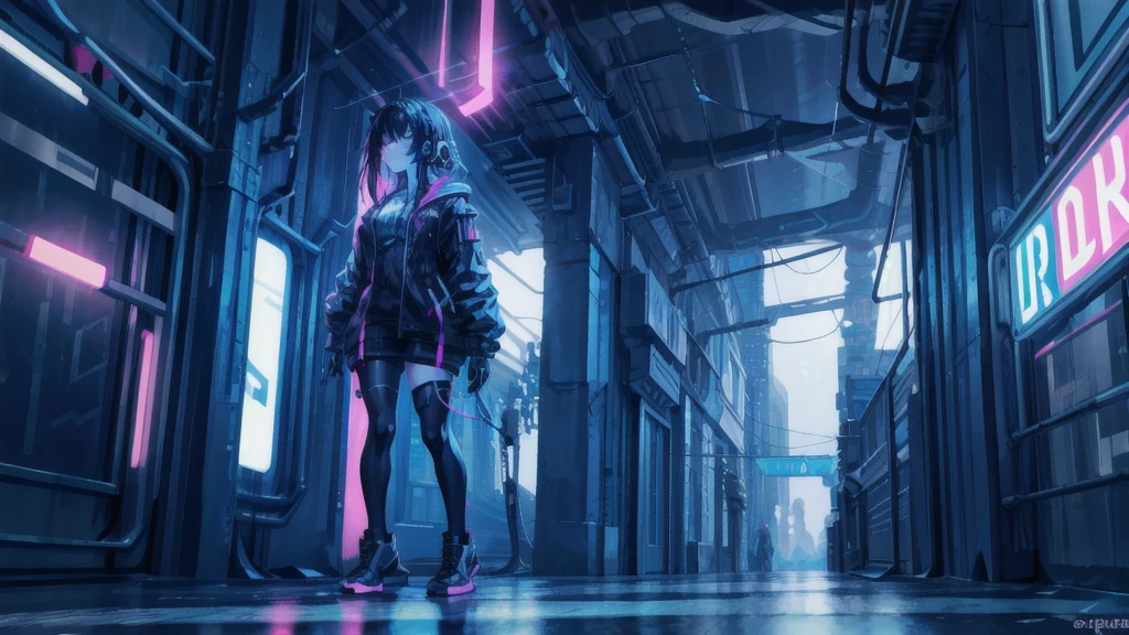 A beautiful detailed girl with long black hair, neon cyberpunk city at night, cyberpunk edgerunners style, 4k high resolution, RGB lighting, wearing a futuristic headset