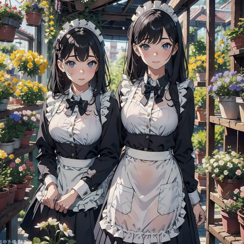 high quality, 最high quality, Realistic, RAW Photos, Realistic, Ultra-realistic 8K CG, Super detailed, High resolution, masterpiece, 1 girl, 18-year-old, Beautiful face of a woman, Soft Face, elegant, Detailed Texture, Maid headdress, apron, chest, Long sleeve, bangs, White shirt, Black Dress, Side Lock, メイド apron, black long skirt,chestの谷間,solo、A greenhouse full of flowers、50mm lens、Dominant Pose