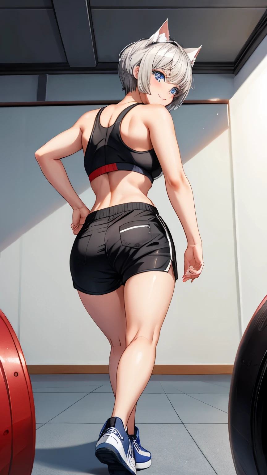 (masterpiece), (best quality), (High quality), BREAK, expressive eyes, BREAK, perfect face, (1girl), (grey cat ears), (medium hair, grey hair), ((pixie cut)), BREAK, (big eyes, perfect eyes, blue eyes, thick eyelashes), thin eyebrow, BREAK, ((smile)), BREAK, (short height), BREAK, slim bulid, BREAK, (medium breasts), (clevage), BREAK, (red cropped tanktop: 1.3), BREAK, ((black shorts: 1.1, tight fit: 1.3, low-waist: 1.4)), BREAK, (sneakers), BREAK, (standing), (view from the back, deep bow: 1.4), (face focus), (full body), BREAK, (gym, crowded)