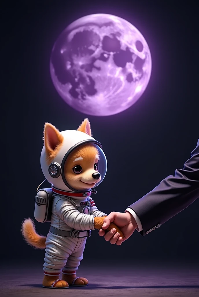 An adorable little dog wearing a shiny astronaut suit with a clear helmet, meeting shakes hands with Donald Trump above a stylized purple moon. The moon has craters and textures, and the background is a deep black, creating a contrast that makes both the dog and the moon stand out. The dog has a cute, expressive face, with bright eyes visible through the helmet visor. The spacesuit has a metallic look with a connected pipe, and the image as a whole is designed in a whimsical, charming style.