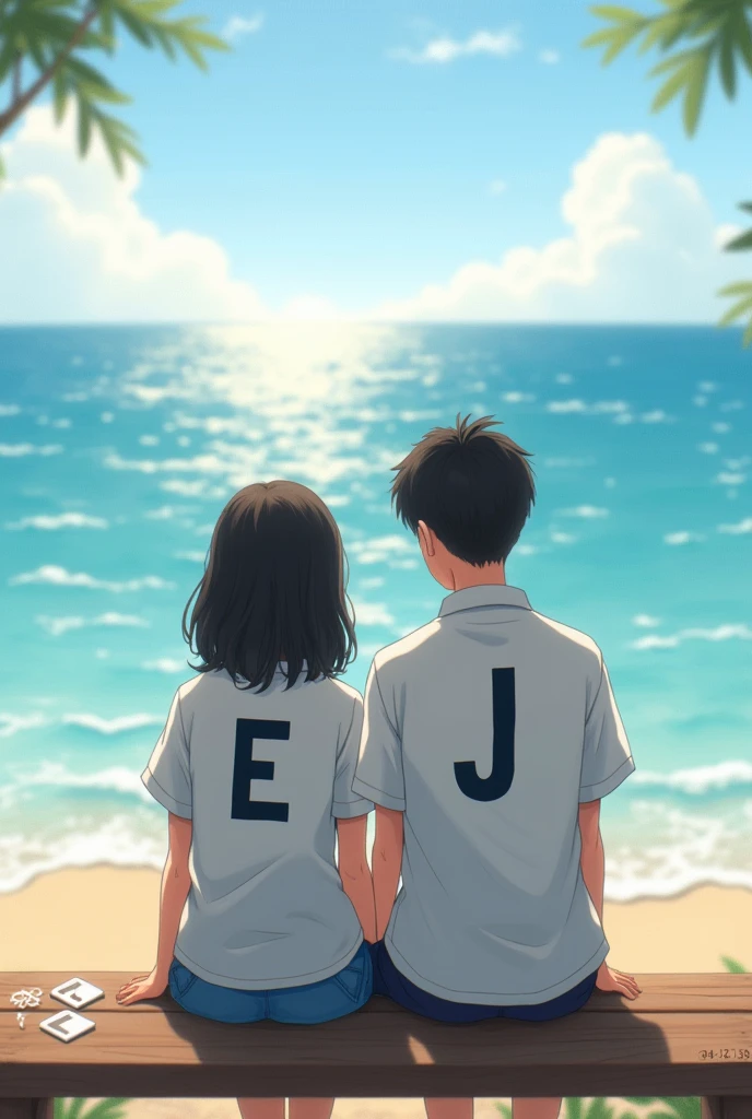 A boy and a girl sitting on a bench looking at the sea with white shirts and the boy with the letter E on his shirt and the girl with the letter J on her shirt and below the numbers 04-12-19