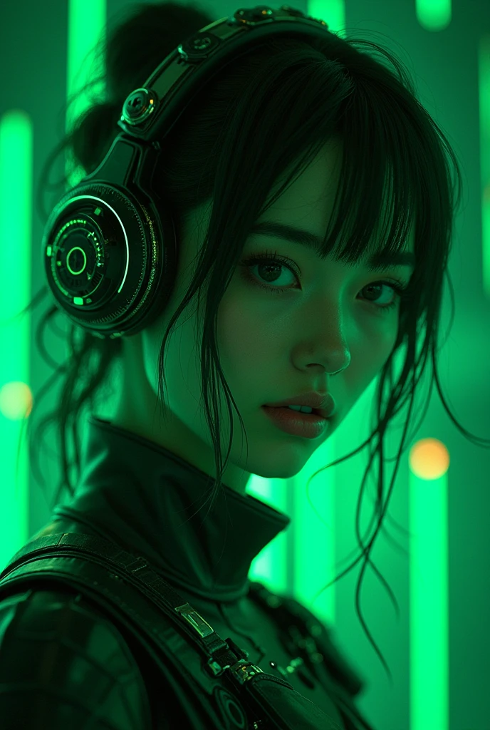 Size 1242x2688 pixels,Cyberpunk,Mechanical style,3d,,一个未来科技Mechanical style的女孩头像,Behind it is the future technology network code input,The girl character is fluorescent green。Dark Moody,Mandala composition andala,highly,Cinematic Lighting,close-up composition,front, Ultra high definition 4k8k webp ultra-rich details