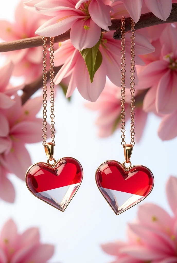 Delicate and sober heart-shaped
pendants with chain each in shiny
glass Indonesian flag, with the well-
written engraved names "Abdul kodir jailani" background with white
flowers HD, rendering 3d, fashion,
vibrant, photo.