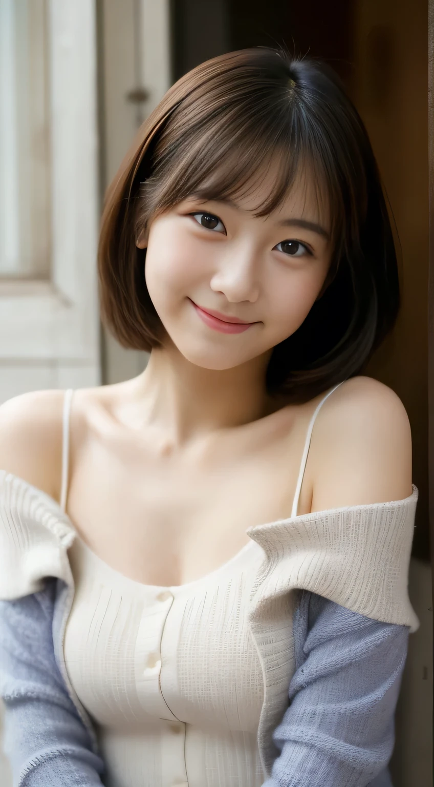masterpiece,best quality,(Japanese girl),((Beautiful girl)),cleavage,(off shoulder:1.2),(perfect body beauty:1.2),(shy smile),from above