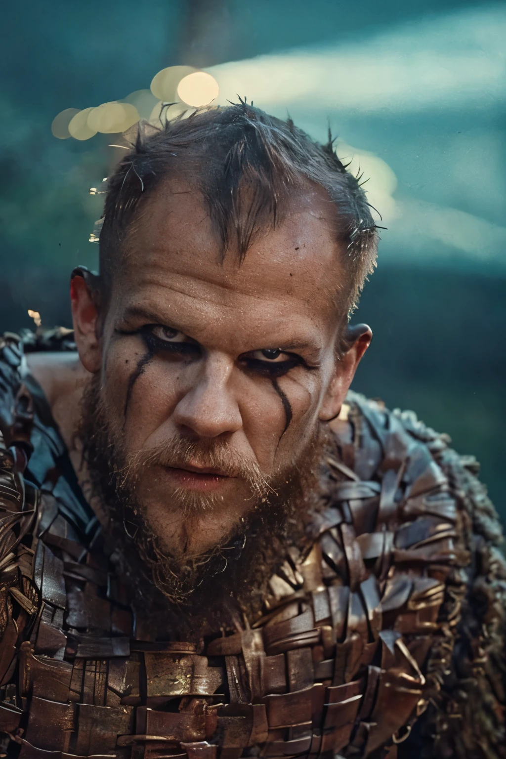 Hyper realistic, ultra detailed, cinematic posterof Floki a viking warrior, old man, 50 years old, black makeup on eyes, beard, ((action scene)), in dynamic combat pose, ((night, rain fall)) , ultra realistic, skin texture, cinematic lighting. (((Cinematic thunder background))) .