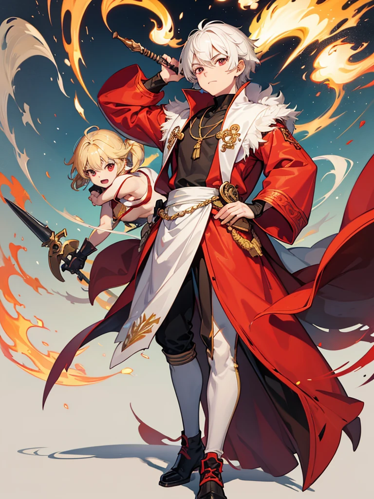 a young boy, childlike appearance, blond, with vibrant red eyes, he's low, a neutral expression, kinda lazy, wearing exotic clothes, having a gaucho style, kind of anime, being clothes a little bigger for his size, having big boots. He also has a type of weapon that resembles a barbecue skewer., but you can be creative with this weapon, he also has firepower