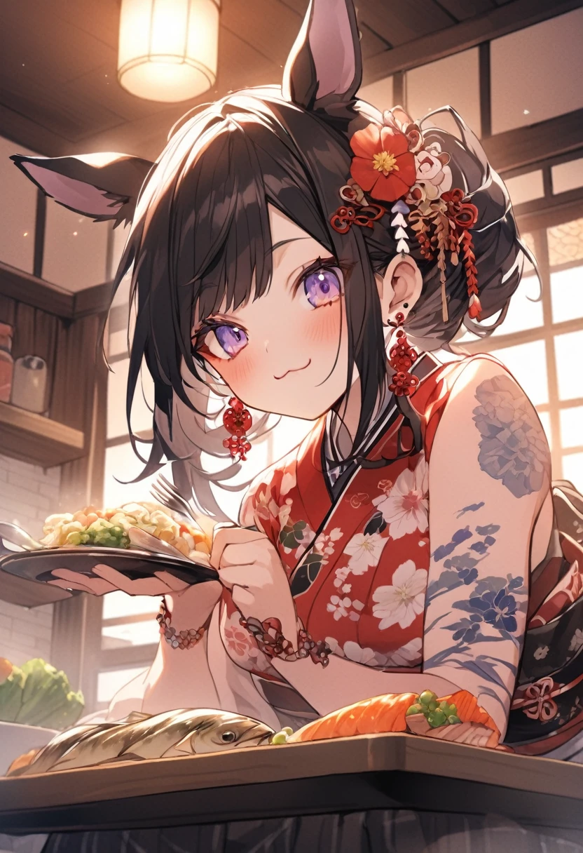red, Cute older sister、30 years old、 Full make-up、Earrings,red, Animal ears, tattoo,Japan,Home、kitchen、From below、:3、night、Fly horse mackerel、dinner、