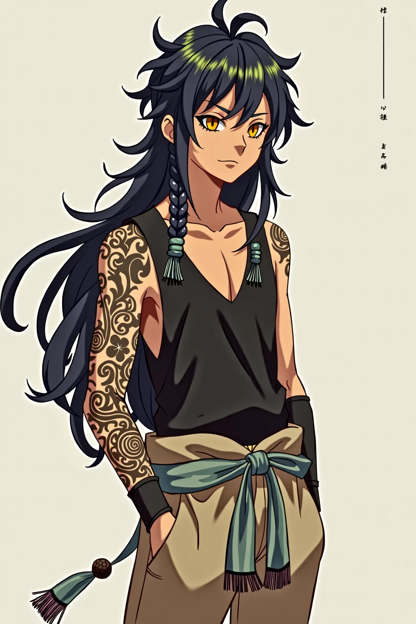 Yuuto Nánfēng is a young human male who stands at a height of 4'11. He is a young man of relatively short stature. Nonetheless, he possesses a lithe, well-built frame, which, while not overly muscular, has all the effortless grace and wiry strength of a powerful feline. Like most members of his clan, his gait is even, supple, and gliding, conveying an intimidating presence. However, he seems slightly more tense and uncontrolled than older, more experienced members, indicating his power is still unrefined or immature. His skin is blessed with a rich, bronze complexion akin to a radiant night sky. It showcases a subtle, soft glow in sunlight that accentuates his smooth features.
His eyes are breathtaking, with golden rays radiating outward from Yuuto's slit cat-like pupils, like sunlight piercing through dense clouds. Against a backdrop of deep gray Yet, there's an added warmth to them, a hint of softness that adds depth to his stern gaze. It's as if they're dual-natured, capable of the calm of a serene lake and the fury of a tumultuous storm.
Yuuto’s hair carries his parents’ unique traits, creating a captivating blend of their features. The color is a striking shade of deep indigo and vibrant deep purple that shines in the light. Yuuto’s hair is kept long, similar to his brother, whom he looks up to, though his cascades down further.
Two sections of hair are neatly braided along his back, and around each of his braids, he often winds a strip of finely woven fabric, passed down from his grandfather, to secure them. On the end of each braid is a set of tassels, typically made from soft, supple leather or silk. These meticulously styled braids add a touch of flair. The rest of his hair, unbound and free, softly frames his face, providing a wild contrast to the disciplined braids – a fitting mirror to his dual heritage.