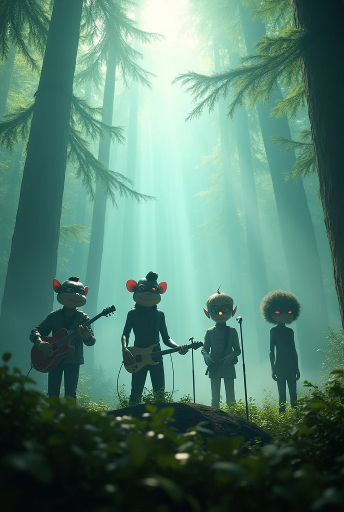 Gorillaz band in a cloudy forest