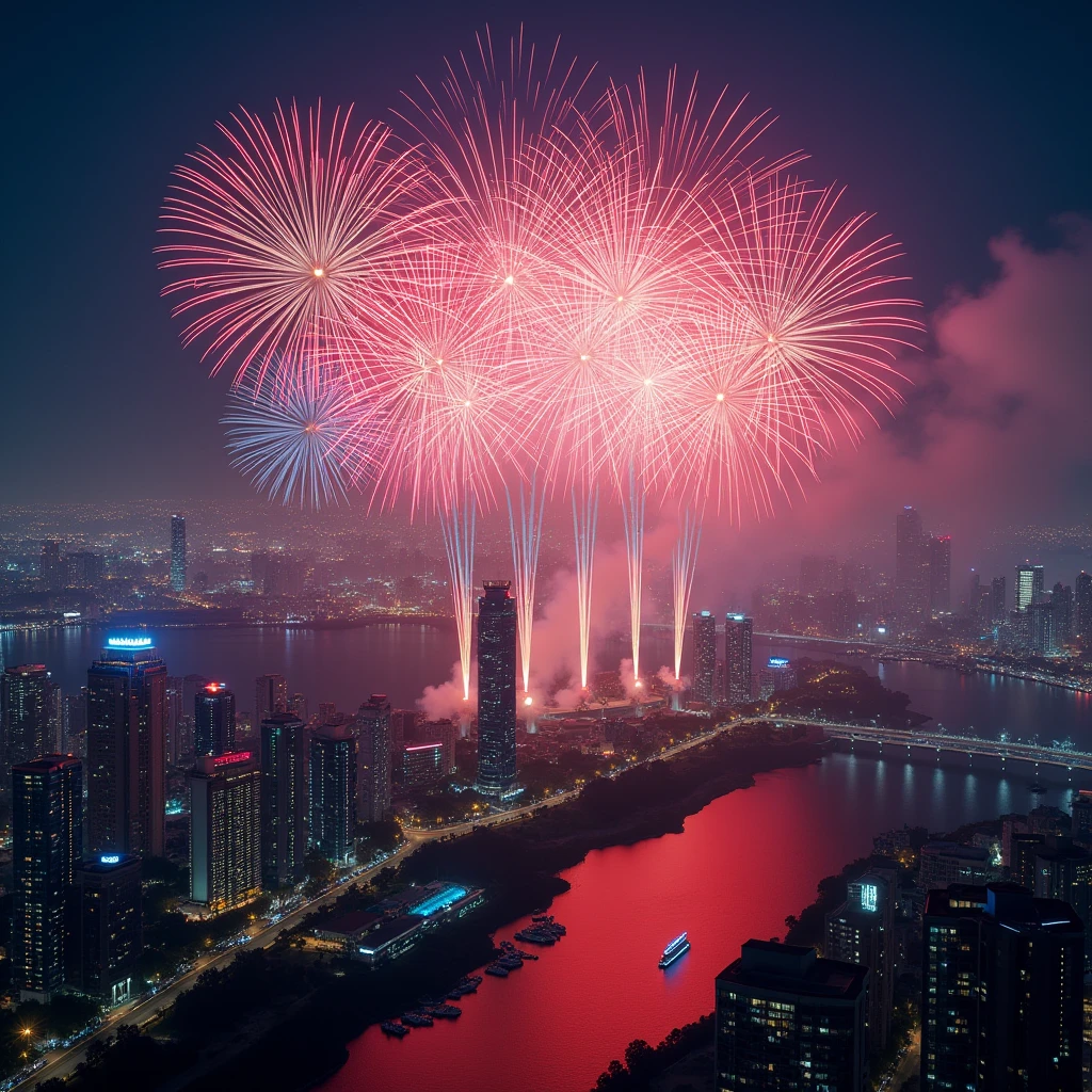 Fireworks in the night sky，A vibrant cyber city，Huge, colorful, high-tech fireworks fill the night sky，Dazzling in the shape of a dragon totem，A stunning visual spectacle，rainbow，Bird&#39;s Eye View