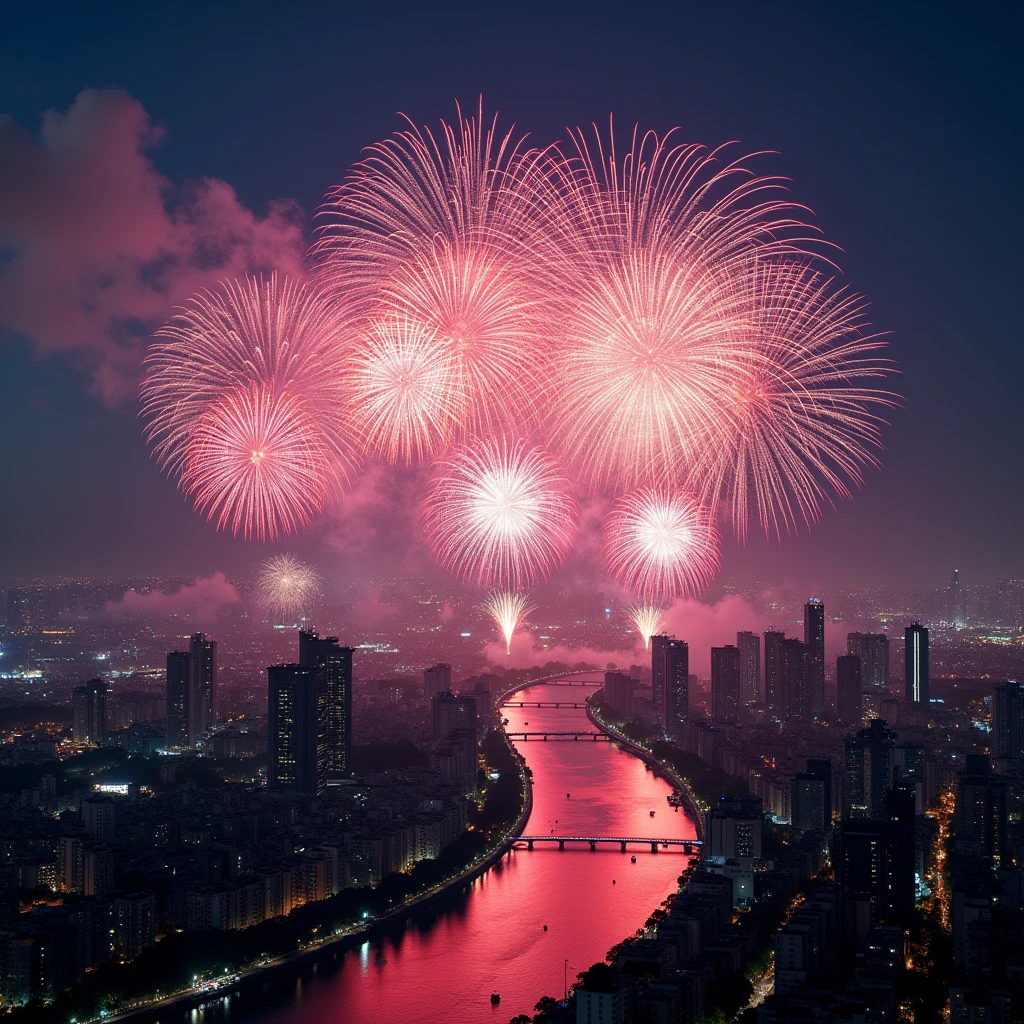 Fireworks in the night sky,A vibrant cyber city,Huge, colorful, high-tech fireworks fill the night sky,Dazzling in the shape of a dragon totem,A stunning visual spectacle,rainbow,Bird's Eye View