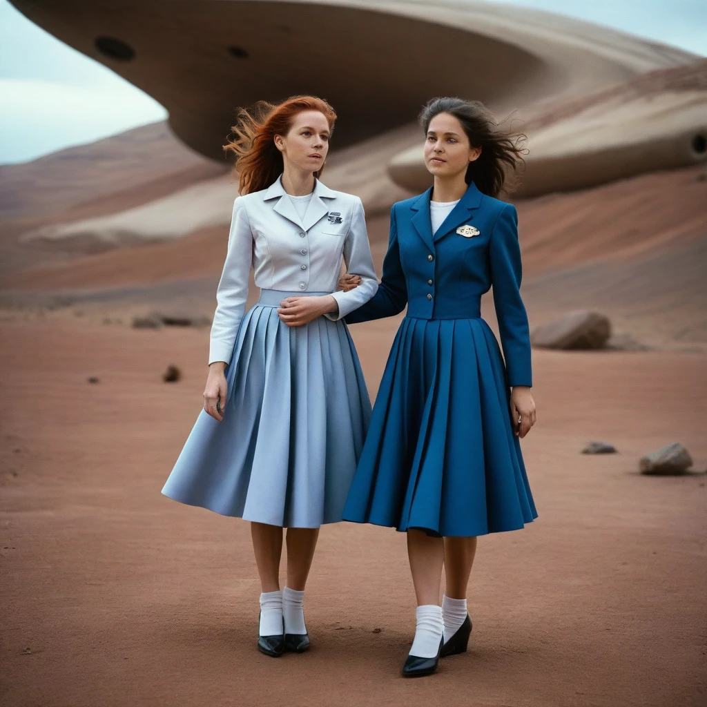 85mm photograph of Sapphic Space Lesbians, attractive and beautiful women, commanding spaceships, exploring space, investigating anomalies, doing scientific R&D, attending council meetings, conducting espionage, conducting archeological excavations, investigating astral rifts, wearing (long pleated full circle skirts), uniform jackets and (woman's low heel office shoes), (pronounced (girly) features), (very windy), skirts are flowing wildly in the wind, lesbian space stations, sci-fi, skirts in space, women wearing skirts, love skirts, empathy, compassion, romance and love, (pronounced (feminine) features), (highly detailed ultra accurate realistic) hands and fingers, (windy), epic composition, highly detailed attributes, (35mm f1.4 Kodak portra 400 photograph), extremely high quality RAW photograph, highly detailed atmosphere, sci-fi, cinematic shot, dynamic lighting, 75mm, Technicolor, Panavision, cinemascope, sharp focus, fine details, 8k, HDR, realism, realistic, key visual, film still, superb cinematic color grading, depth of field