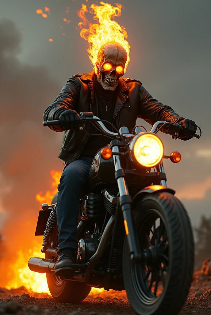 a ghost rider riding a motorcycle, leather jacket, burning skull head, glowing eyes, bike on fire skull on fire, hellfire, post-apocalyptic landscape, dramatic lighting, cinematic composition, muted color palette, gritty and atmospheric, hyper-detailed, 8k, photorealistic