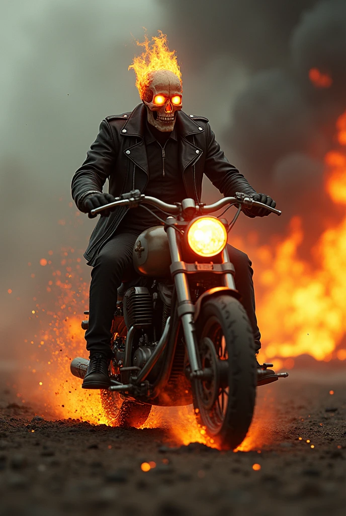 a ghost rider riding a motorcycle, leather jacket, burning skull head, glowing eyes, bike on fire skull on fire, hellfire, post-apocalyptic landscape, dramatic lighting, cinematic composition, muted color palette, gritty and atmospheric, hyper-detailed, 8k, photorealistic