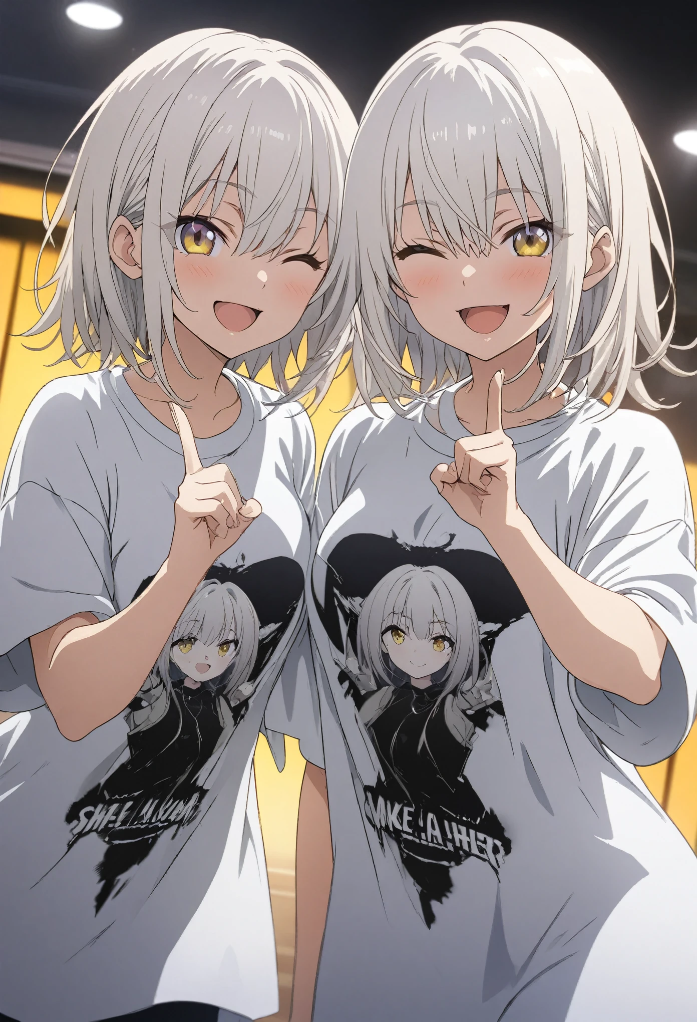 Two Girls, twins, masterpiece, Highest quality, Highly detailed CG Unity 8k wallpaper, High School Girl Anime Illustration. Wear an oversized t-shirt and oversized pants、Make a finger gun gesture to the audience, she has her eyes closed and mouth open, smile. The background is a simple single color, white hair color, Yellow Eyes, Dynamic Angle