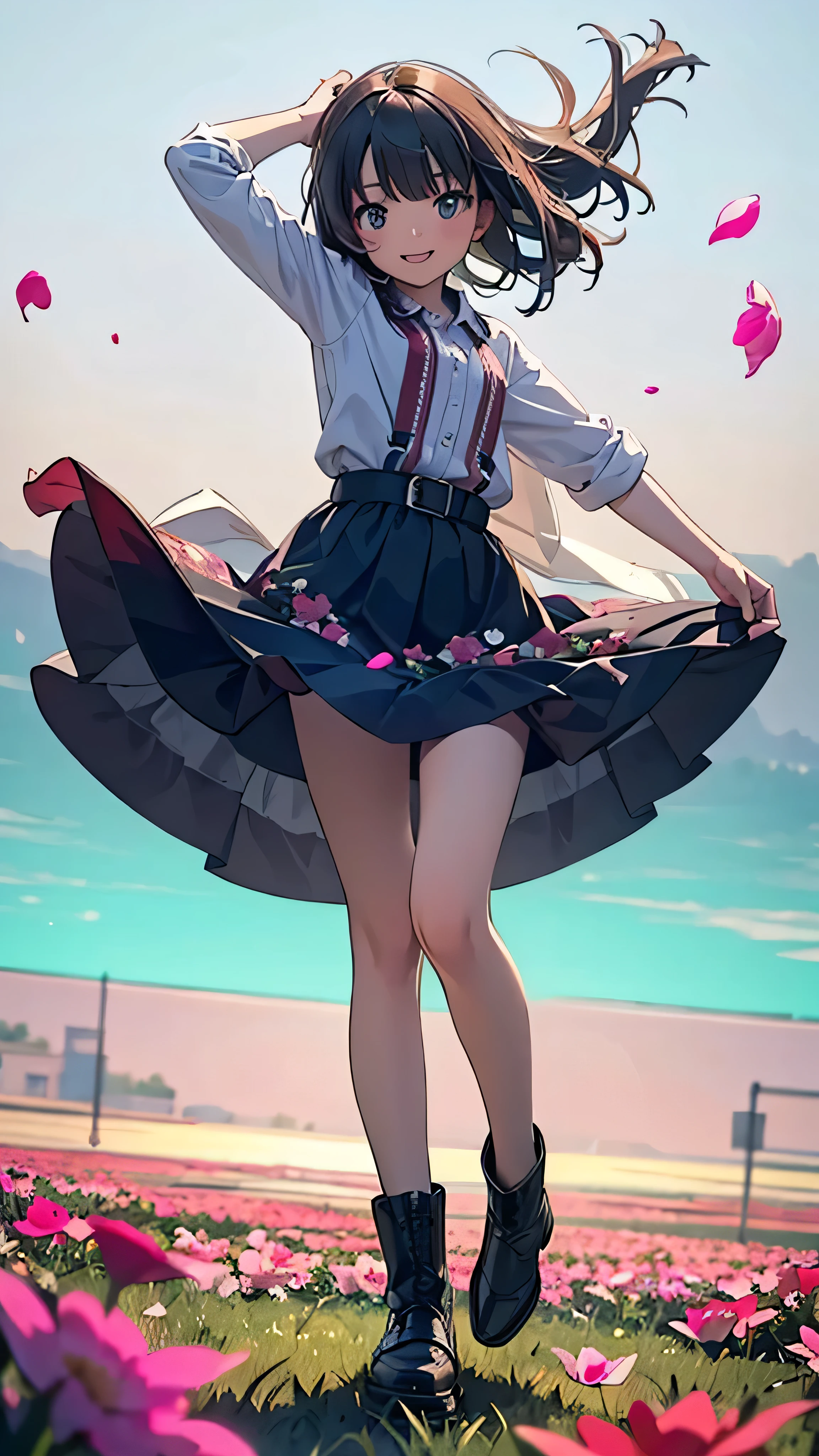 Official Art, wallpaper, Very detailed, (((Very detailed))), Realistic portraits, (high quality, masterpiece, High resolution) , 8K  UHD, high quality, There is a woman, surrounded by colorful flowers, Flower Field, female portrait With flowers, Beautiful young dark-haired woman, Fantastic and dreamy, 4K, 8k, Background Blur, smile, , Angle from below, Dynamic, Wide angle, Aperture value F1.2, Anatomically correct, low angle, Full body photo, short stature , Hair blowing in the wind, The dancing petals shine, horizon, dance, Bouncing, Western Dress