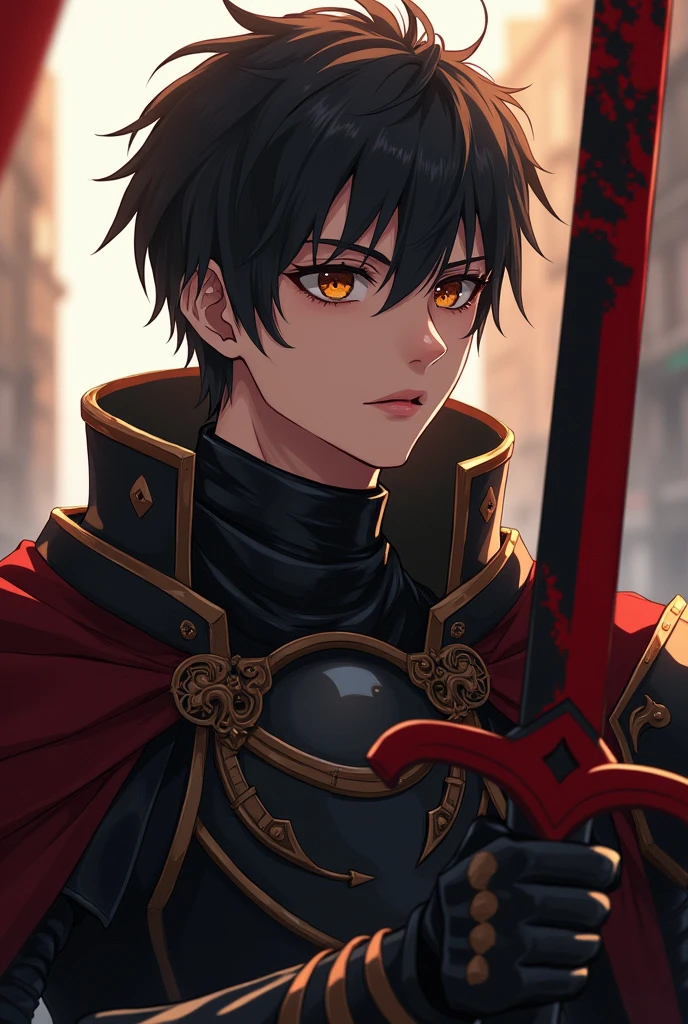 Olive skin, Short black hair, young man, brutal appearance, brown eyes, three day beard, Antiquity, black blood red armor, black and blood red decorated sword, anime style
