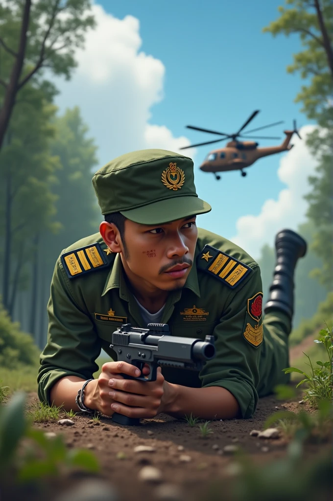 (great work), (best quality), high resolution, 1 person, focus handsome asian men, solo focus is lying face down on the ground while watching wearing a TNI hat (healed scar on left cheek), arms rolled up, seragam TNI nasional indonesia bet 🇮🇩 memakai sepatu bot tentara,holding a toy gun,forest background, clear blue sky, (brown colored helicopter), tense atmosphere,