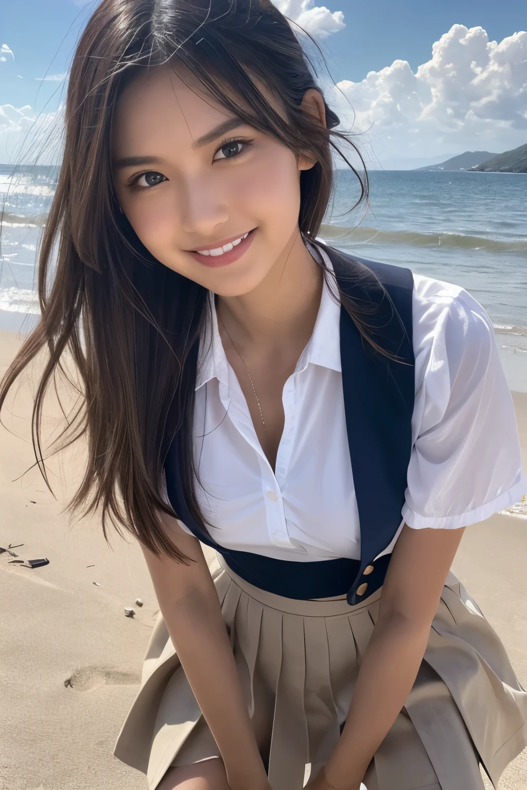 realistic, photogenic, with the sea in the background, wearing school uniform, the top button of the upper cloth is open, a little exposed at chest, skirt is short and just reaching above the thighs, middle-length hair, hair color mixes bronde and brown, hair is blowing in the wind, hair is shaggy and dishevelled, very sunburned and tanned skin, medium build slendar figure, skiny chest, heavy and vivid makeup, small mouth, small nose, smooth shaped jawline, glossy face, heavy flushed cheeks, big smile while open mouth, flirting, having a great time, , detailed eyes, slanted eyebrows, detailed lips, close-up shooting, photorealistic, highly detailed, 8k, best quality, masterpiece, vibrant colors, dramatic lighting, cinematic composition, digital art