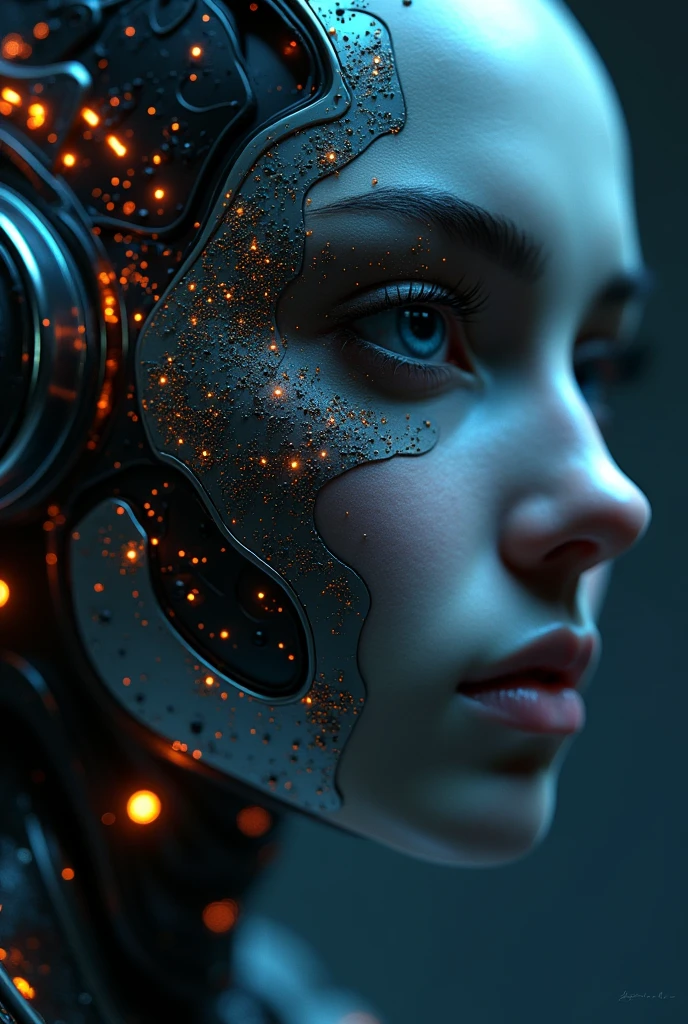 Size 1242x2688 pixels，Cyberpunk，Mechanical style，3d，，一个未来科技Mechanical style的女孩头像，Behind it is the future technology network code input。Dark Moody，Mandala composition andala，highly，Cinematic Lighting，close-up composition，front， Ultra high definition 4k8k webp ultra-rich details