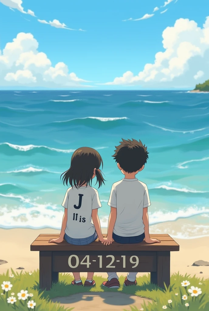 A boy and a girl sitting on a bench looking at the sea with white shirts and the boy with the letter (J) on his shirt and the girl with the letter (It is) on his shirt and underneath the numbers 04-12-19