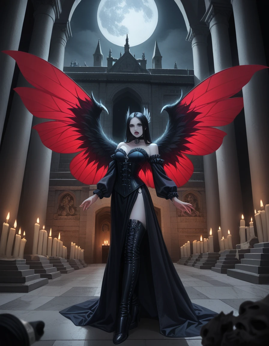 A gothic fairy with a beautiful figure stands elegantly before an ancient stone cathedral, her raven-black hair cascading down her shoulders. Her crimson velvet wings glisten faintly in the moonlight, casting eerie shadows. She is adorned in a black, intricately designed outfit that features skull motifs and crossbones, exuding a sense of dark allure. A tightly laced corset cinches her waist, while spiked gloves and thigh-high boots with gleaming studs complete her menacing ensemble. The scene is bathed in the blue light of a massive, glowing moon that looms over the weathered cathedral. Around her, the ground is scattered with flickering candles, their flames dancing in the cold night air, intensifying the ominous, mystical atmosphere.