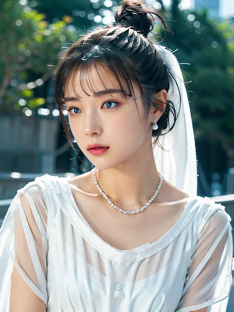 (masterpiece, Highest quality:1.2), 8k, 85mm, RAW Photos, Confused, White and Cyan Theme, (Liquid clothing, Liquid Dress:1.4), Gray Hair, Gradient Dress, Delicate girl, Upper Body, Close your face, Glowing Skin, Teen, Looking at the audience, High resolution, Sharp focus, particle, Twilight Sky, Glowing Skin, Small eyes and face, Colorful background, Simple Background、Earrings、necklace、clavicle、、Updo、Brown Hair、