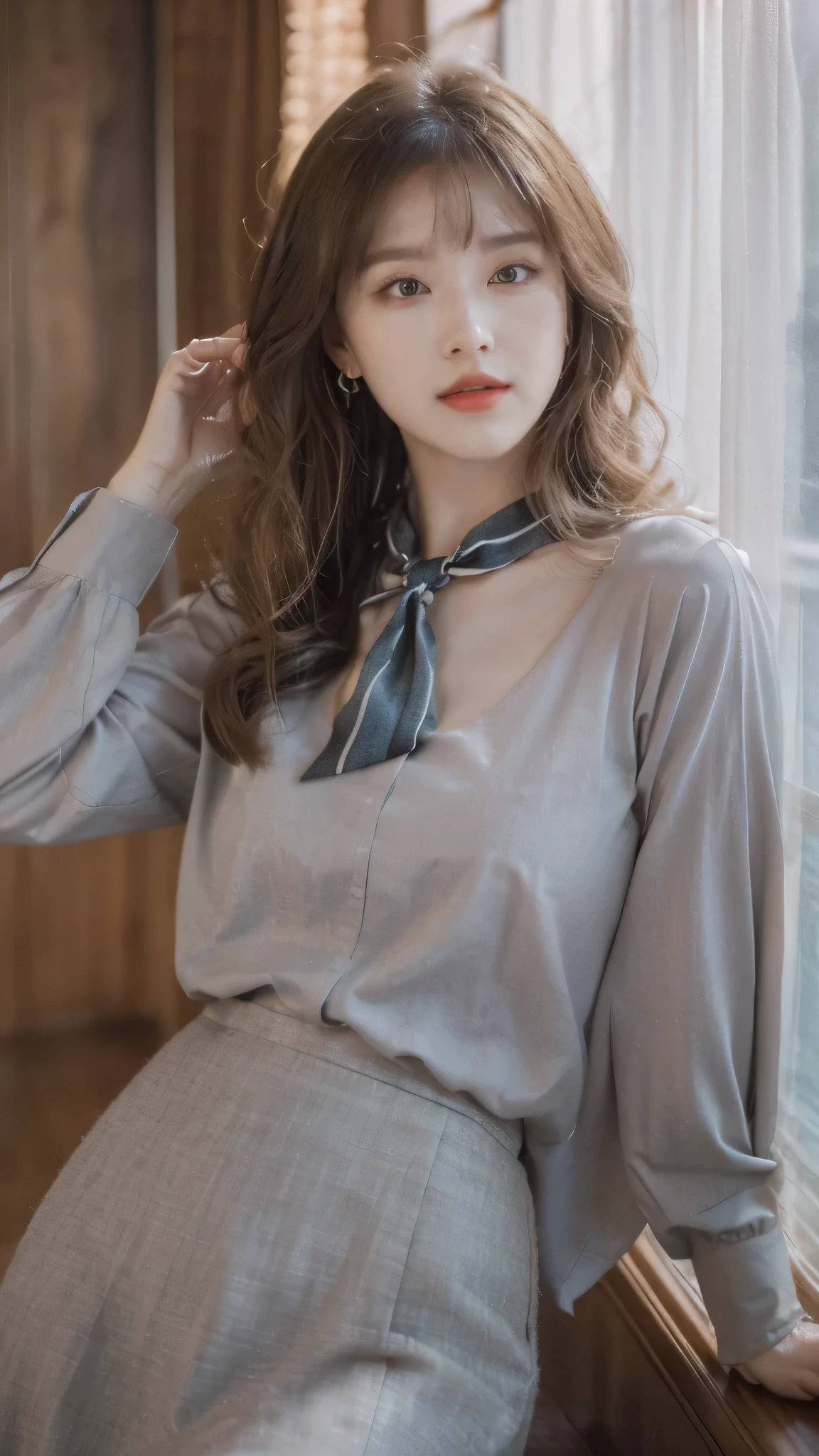 detailed background, masterpiece, best quality, 1 person , curly hair, long hair, purple eyes, star in eye , grey  blouse, long  skirt, grey , grey blouse , beautiful bow, detailed bow, indoor , hair accessories, jewelry, red lips