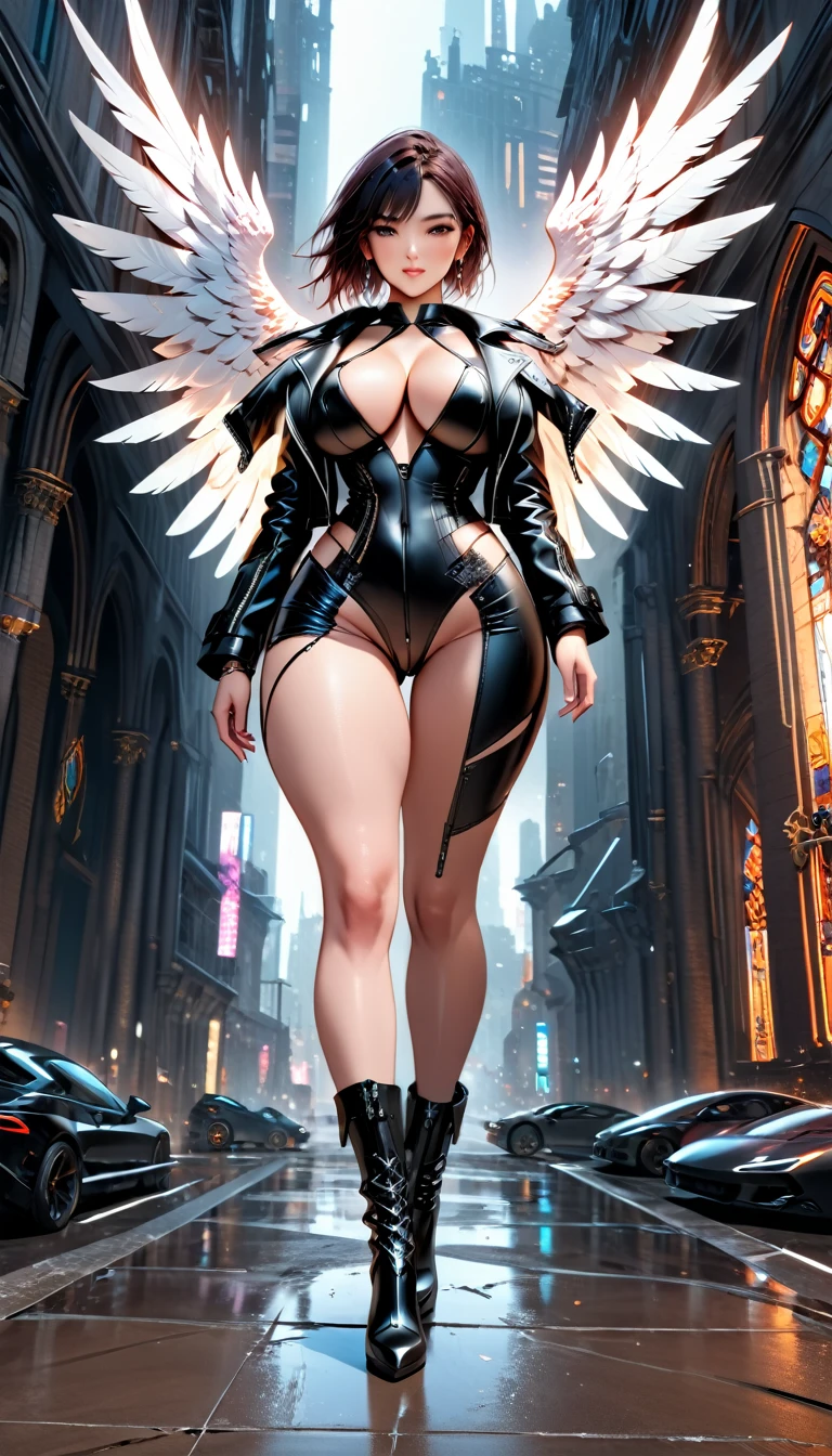 a picture of an mecha angel wearing black leather jacket, ((full body: 1.5)), exotic beautiful angel ((anatomically correct: 1.5), (ultra detailed face: 1.2), best detailed face, busty, folded wings, white angel wings, (white mecha armor: 1.3), she is wearing black leather jacket, intricate leather jacket, glam leather jacket jacket has metallic studs, wearing thigh high heeled boots, cyberpunk church background, , vibrant, Hyperrealism style, vibrant, Ultra-high resolution, High Contrast, (masterpiece:1.5), highest quality, Best aesthetics), best details, best quality, highres, ultra wide angle, 16k, [ultra detailed], masterpiece, best quality, (extremely detailed) RAW, feathered wings, Hyperrealism style