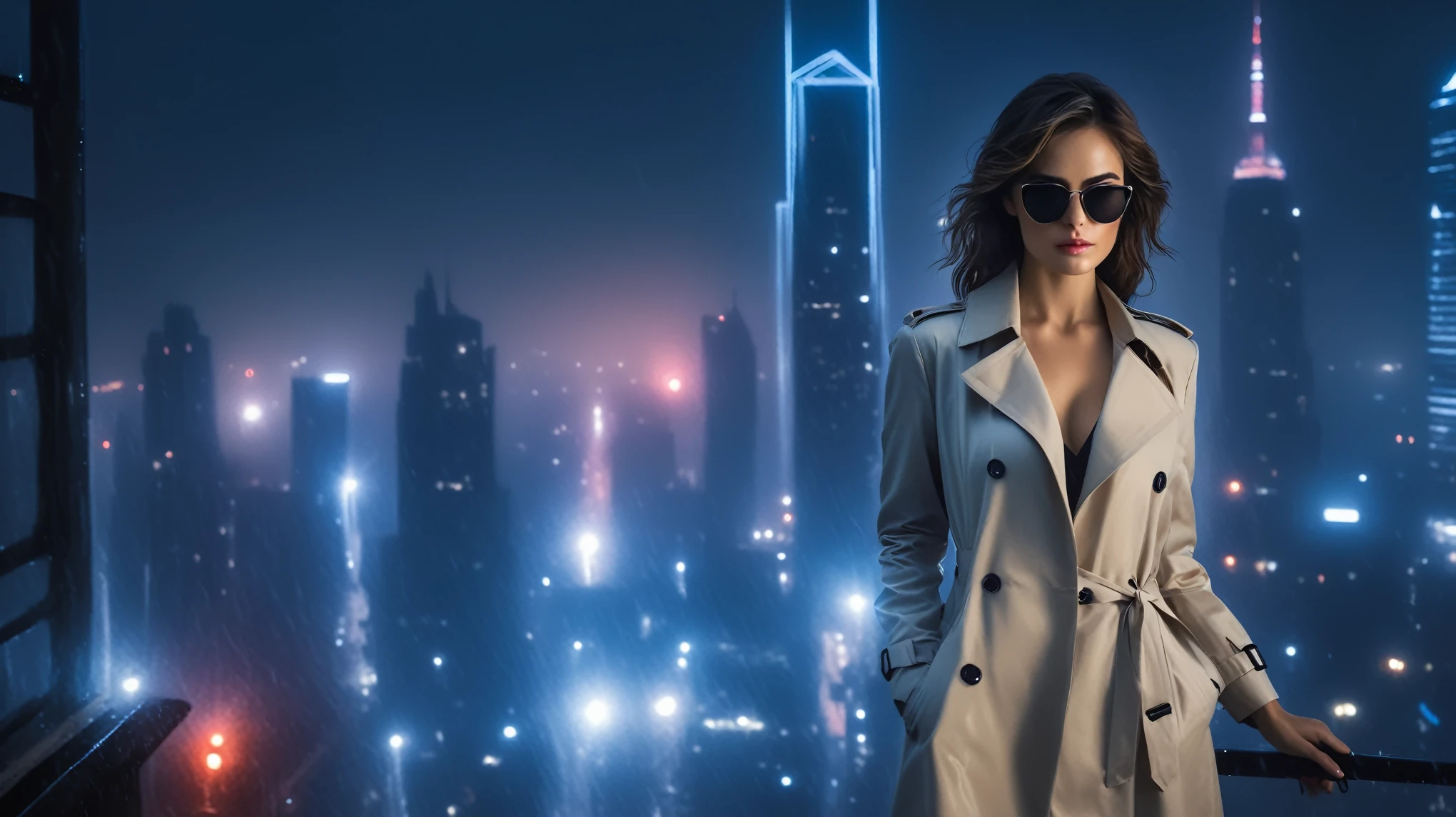 (Hyper-realistic photograph:1.4), Captivating scene under the rain at night on a rooftop, a sexy slim woman, large breast cleavage, with short brown hair, three-quarters view, Black trench coat, (black sunglasses, holding a short gun), with a dark rainy city landscape in background, blue eyes, photography style, (half-body shot:1.3), (contemplative expression:1.2),(well-lit:1.2) Extremely Realistic, serendipity art, (sharp focus:1.3), intricate details, highly detailed, by God himself, original shot, masterpiece, detailed and intricate, Movie Still, guttojugg1