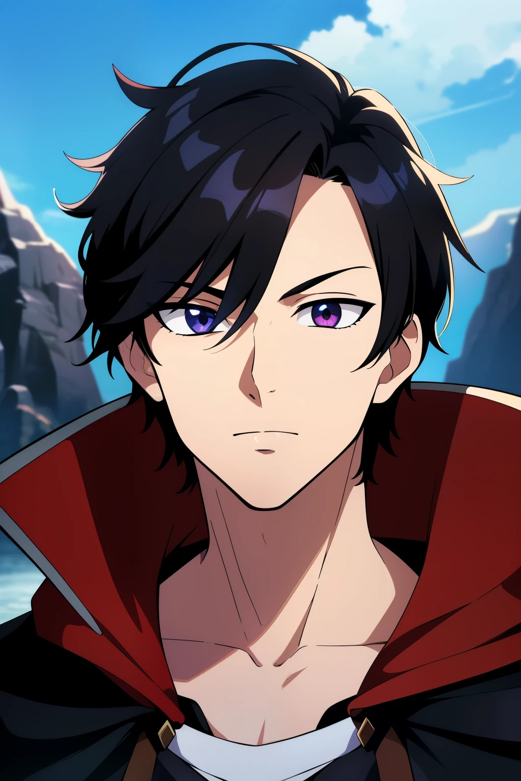 (high-quality, breathtaking),(expressive eyes, perfect face) 1boy, male, solo, young adult, Symmetrical Eyes, portrait, black hair, red eye color, short hair length, messy loose hair, neutral expression, soft smile, white shirt, black cloak red trim, fantasy attire, adventurer profession, sunset sky, summer theme
