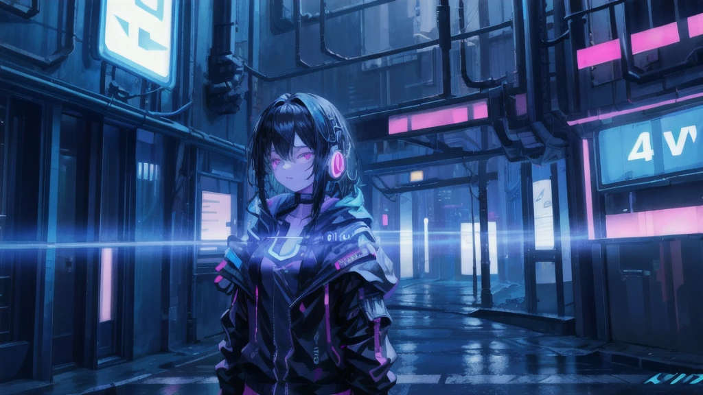 girl black hair, neon cyberpunk city at night, cyberpunk edgerunners style, 4k high resolution, RGB lighting, wearing a futuristic headset