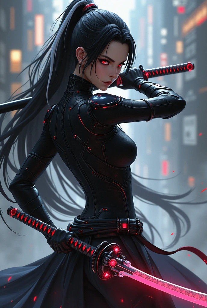 arafed woman in a black outfit the ninja, is depicted in a dynamic pose, holding a sword and a red leash, very beautiful cyberpunk samurai, portrait of a cyberpunk samurai, cyberpunk samurai, badass anime 8 k, cyberpunk assassin, goth ninja, female assassin, urban samurai, perfect eyes, crystal clear eyes, cyborg ninja, portrait ninja gaiden girl, ninja outfit, female cyberpunk anime girl, cyberpunk geisha, beautiful female assassin
