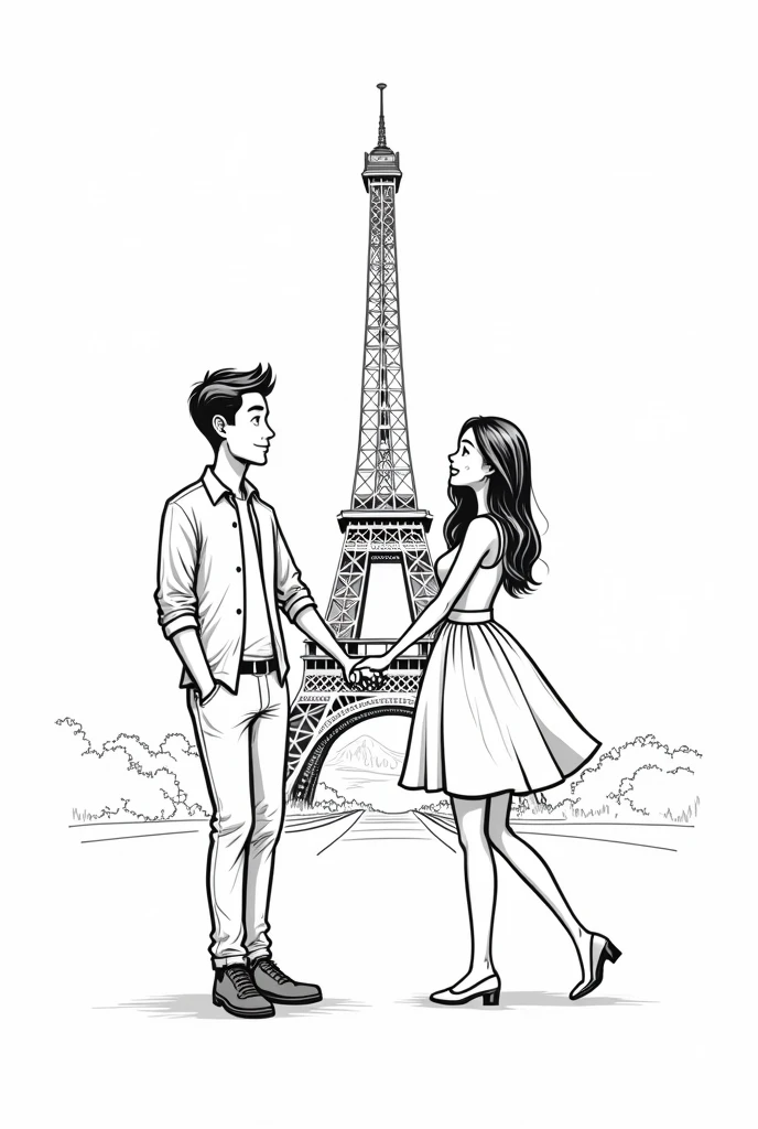 Create me a Filipino guy and French woman beside the eiffel tower holding hands and make it in a drawing scene make it black and white outline no colors just black and white outlines including the face